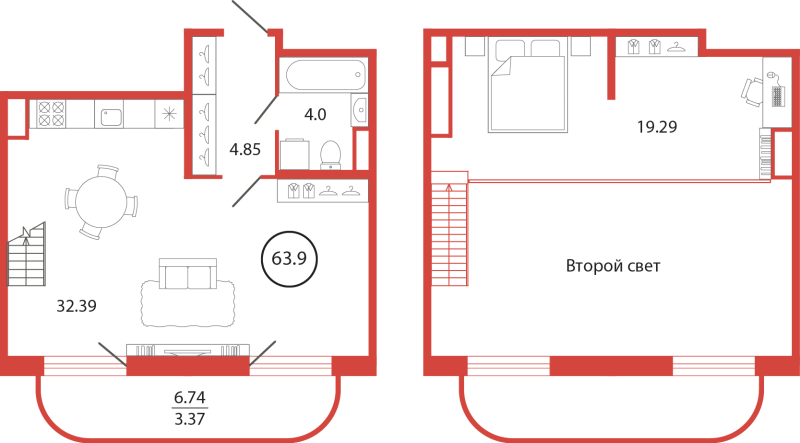 2-комнатная (Евро) квартира, 63.9 м² в ЖК "Энфилд" - планировка, фото №1
