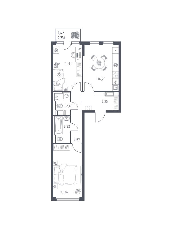 2-комнатная квартира, 56.15 м² в ЖК "Новое Колпино" - планировка, фото №1