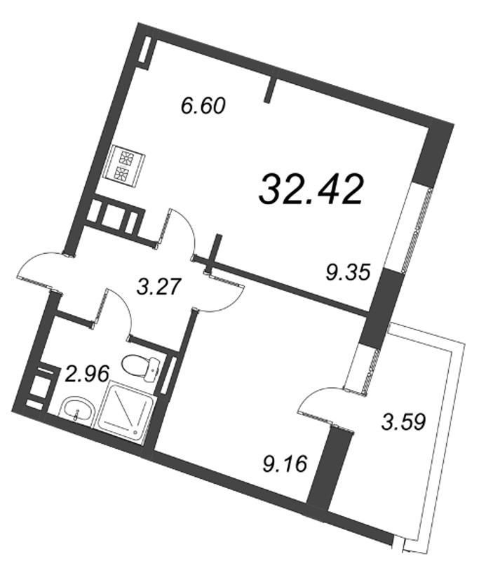 2-комнатная (Евро) квартира, 32.42 м² - планировка, фото №1
