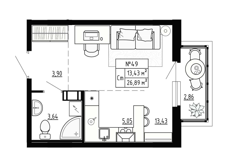 Квартира-студия, 26.89 м² - планировка, фото №1