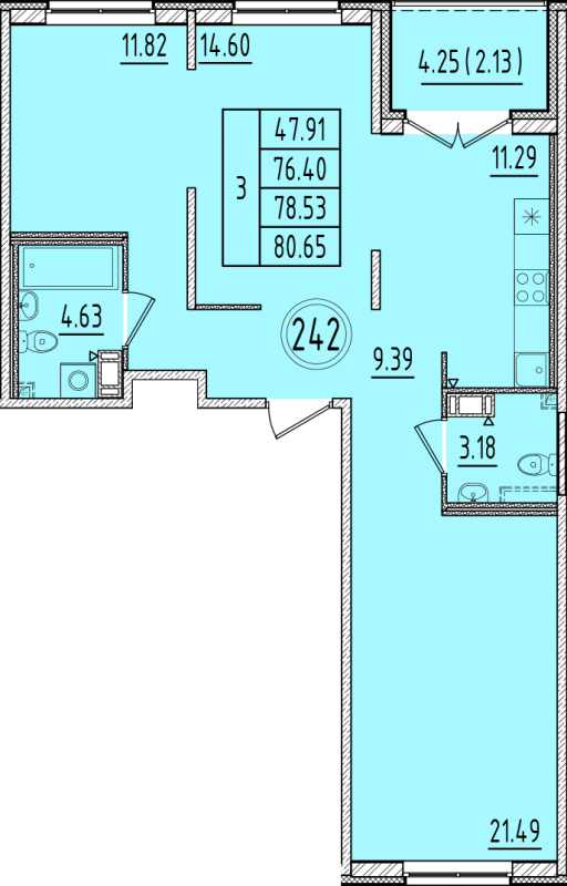 3-комнатная квартира, 76.4 м² в ЖК "Образцовый квартал 6.4" - планировка, фото №1