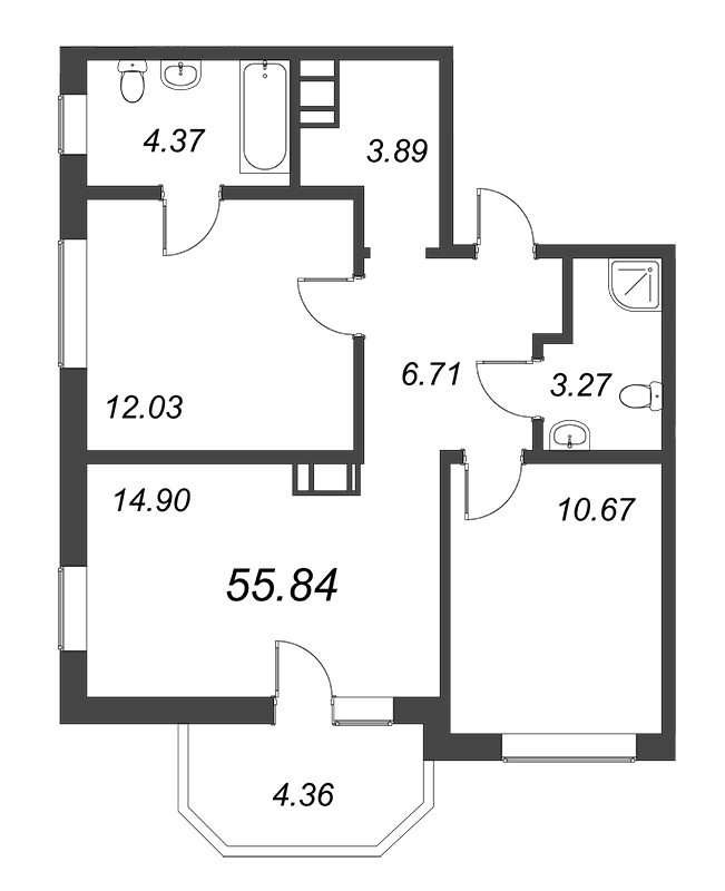3-комнатная (Евро) квартира, 55.84 м² в ЖК "Северный" - планировка, фото №1