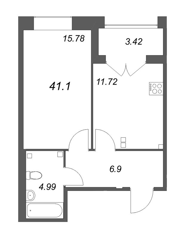 1-комнатная квартира, 41.1 м² - планировка, фото №1