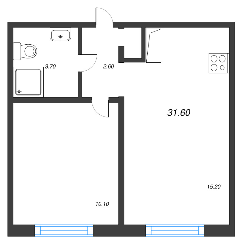 2-комнатная (Евро) квартира, 31.6 м² в ЖК "Пейзажный квартал" - планировка, фото №1
