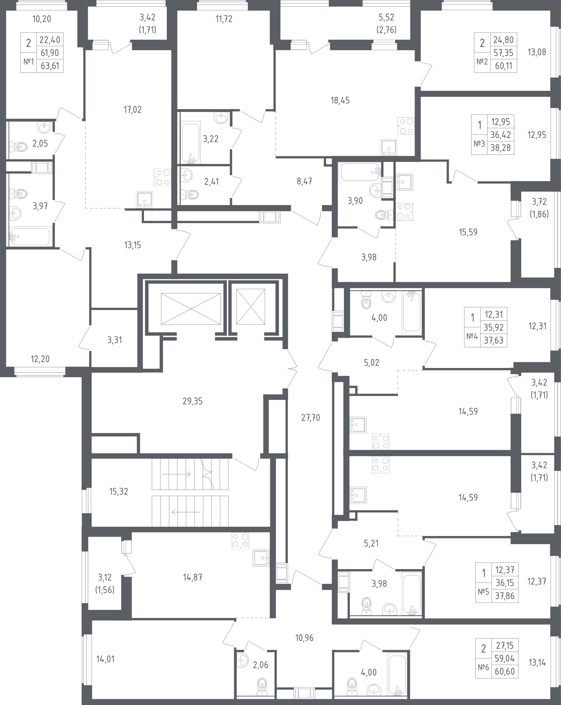 2-комнатная квартира, 60.6 м² - планировка этажа