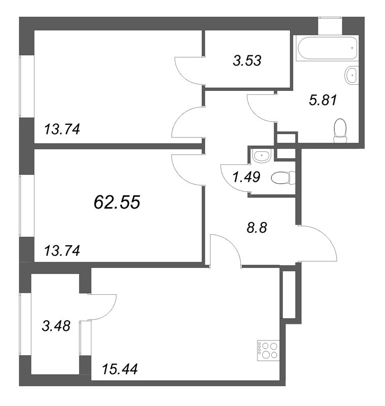 3-комнатная (Евро) квартира, 62.55 м² в ЖК "Дубровский" - планировка, фото №1