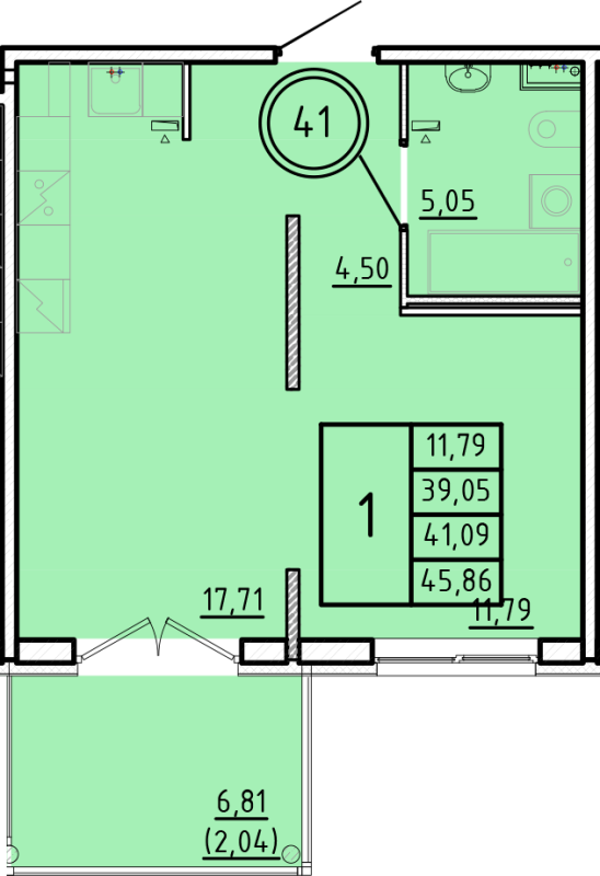 2-комнатная (Евро) квартира, 39.05 м² - планировка, фото №1