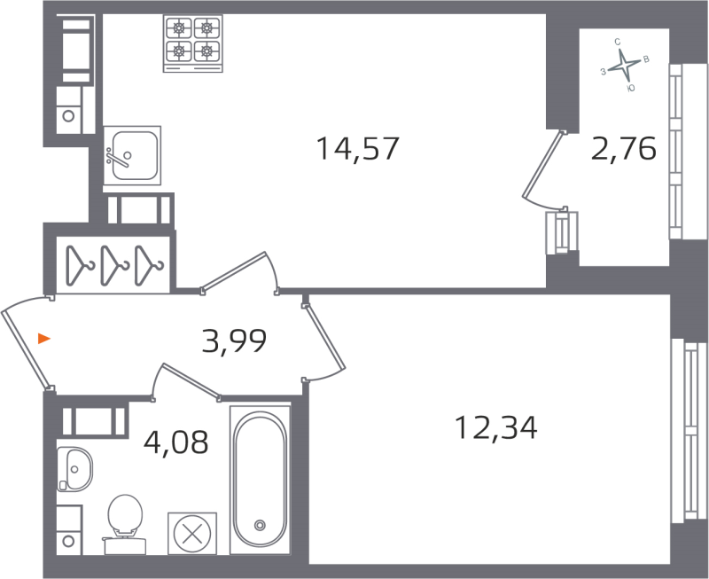 2-комнатная (Евро) квартира, 34.98 м² в ЖК "Б15" - планировка, фото №1