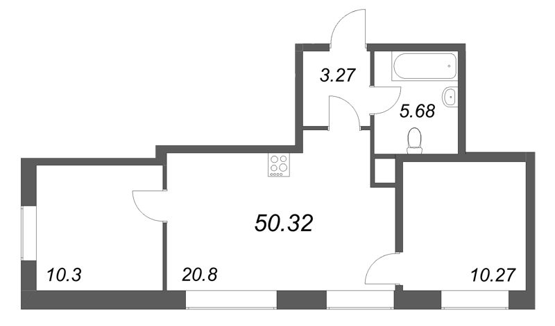 3-комнатная (Евро) квартира, 50.32 м² в ЖК "Соло. Петергоф" - планировка, фото №1