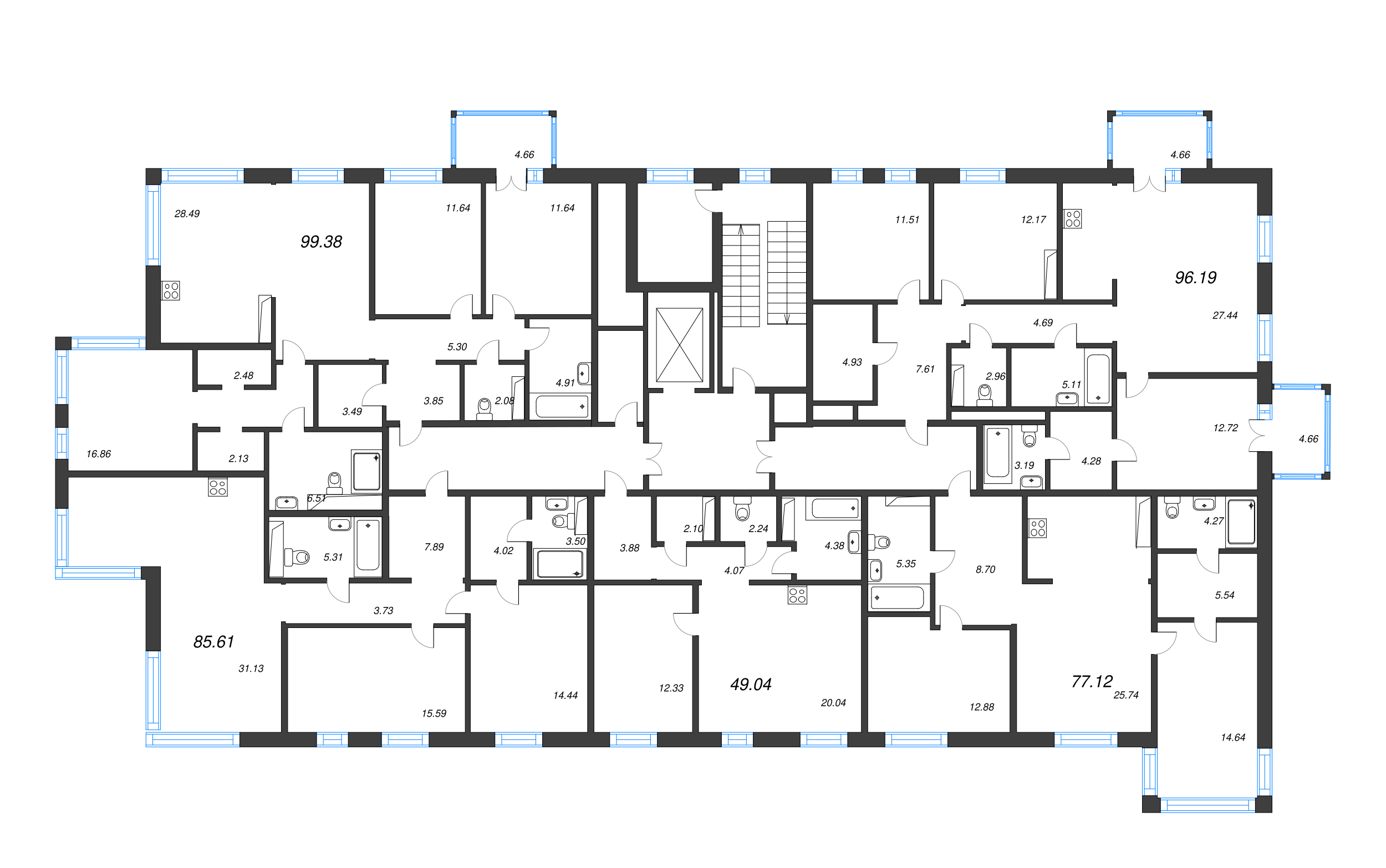 4-комнатная (Евро) квартира, 96.19 м² - планировка этажа