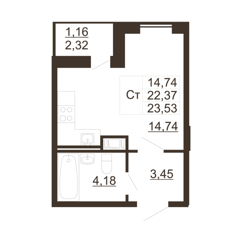 Квартира-студия, 23.53 м² в ЖК "Рубеж" - планировка, фото №1