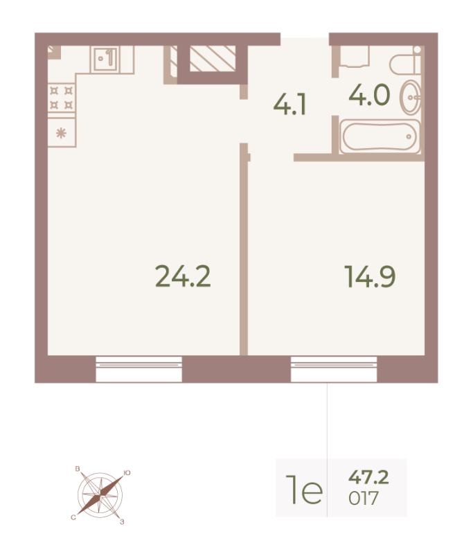 2-комнатная (Евро) квартира, 47.1 м² - планировка, фото №1