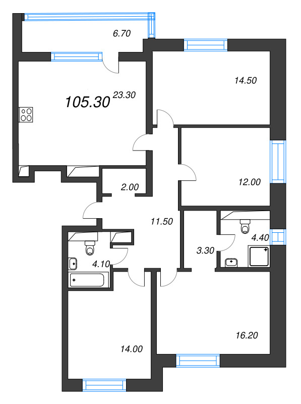 5-комнатная (Евро) квартира, 105.3 м² в ЖК "М36" - планировка, фото №1