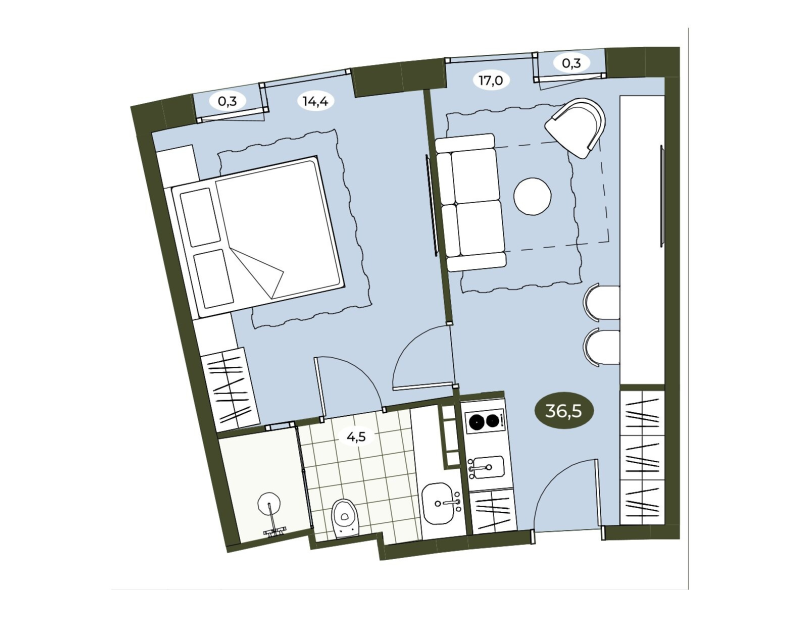 2-комнатная (Евро) квартира, 36.4 м² в ЖК "Место в Рощино" - планировка, фото №1
