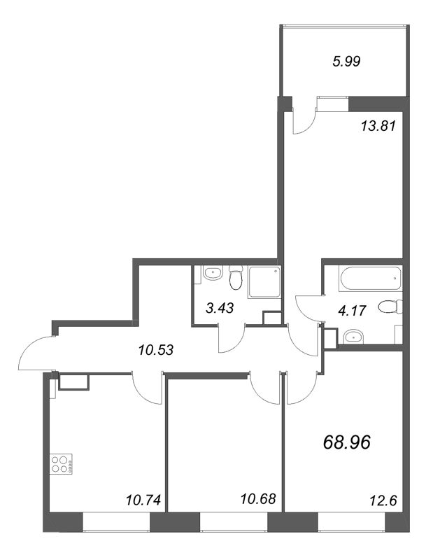 3-комнатная квартира, 68.96 м² в ЖК "Аквилон RekaPark" - планировка, фото №1