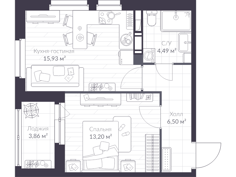 2-комнатная (Евро) квартира, 42 м² в ЖК "VEREN NEXT шуваловский" - планировка, фото №1