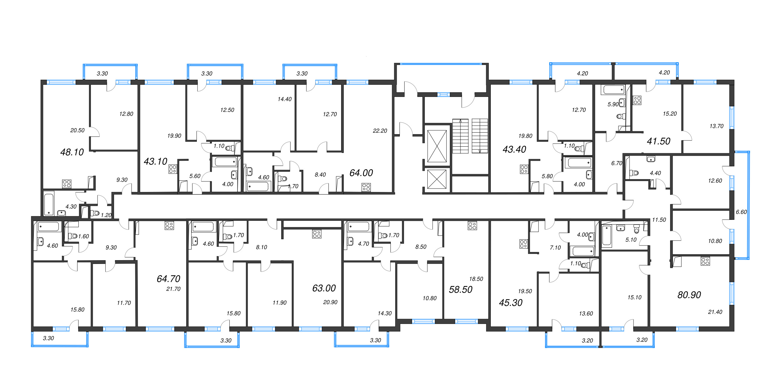 2-комнатная (Евро) квартира, 48.1 м² в ЖК "Руднева 15" - планировка этажа