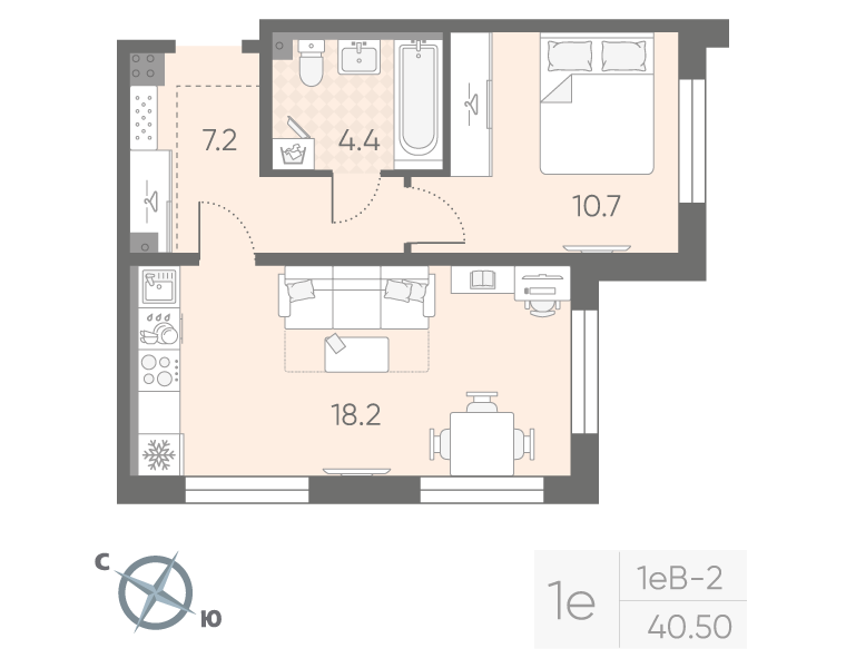 1-комнатная квартира, 40.5 м² в ЖК "Пулково Lake" - планировка, фото №1