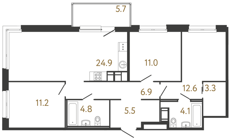 5-комнатная (Евро) квартира, 84.3 м² в ЖК "Передвижники" - планировка, фото №1