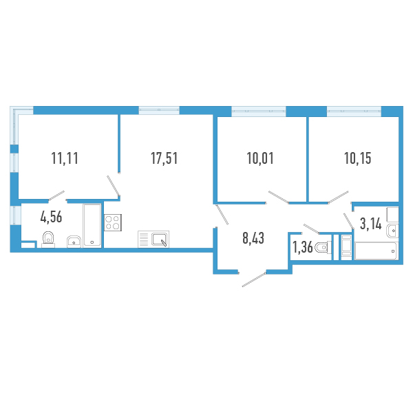 4-комнатная (Евро) квартира, 66.27 м² - планировка, фото №1