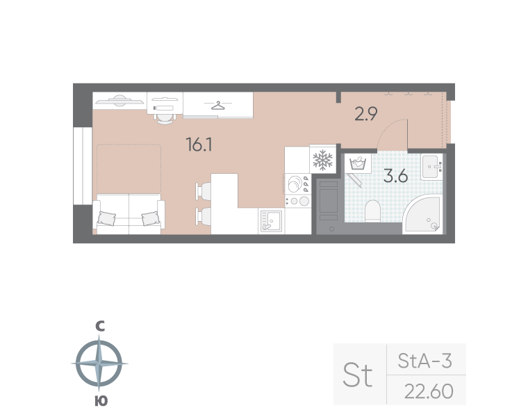 Квартира-студия, 22.6 м² в ЖК "Большая Охта" - планировка, фото №1