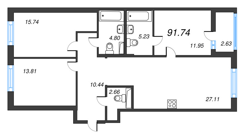 4-комнатная (Евро) квартира, 94.37 м² - планировка, фото №1