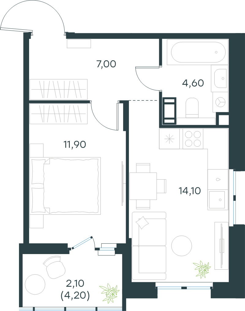 1-комнатная квартира, 39.7 м² в ЖК "Левел Мечникова" - планировка, фото №1