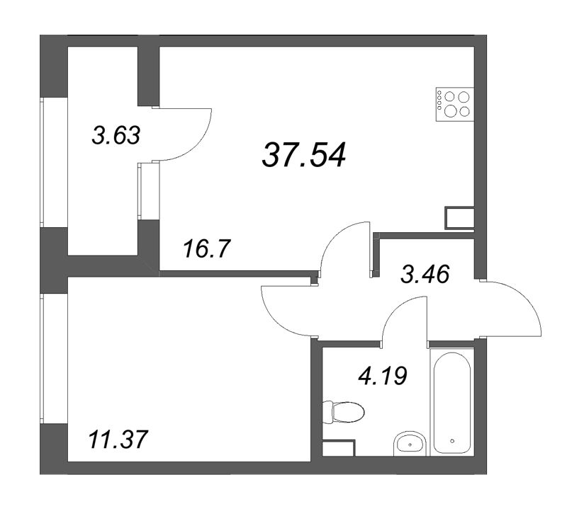 2-комнатная (Евро) квартира, 37.54 м² в ЖК "Аурум" - планировка, фото №1