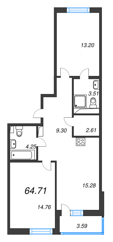 3-комнатная (Евро) квартира, 64.71 м² в ЖК "Энфилд" - планировка, фото №1