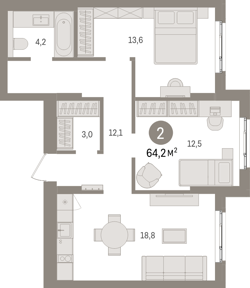 3-комнатная (Евро) квартира, 64.2 м² в ЖК "Брусника в Новоселье" - планировка, фото №1