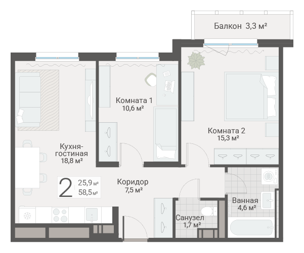 3-комнатная (Евро) квартира, 58.5 м² в ЖК "Руднева 15" - планировка, фото №1