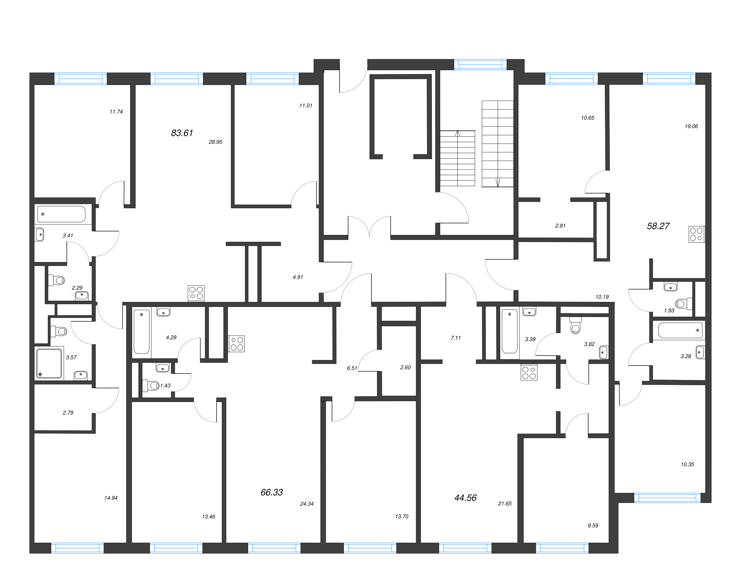 3-комнатная (Евро) квартира, 58.27 м² в ЖК "Legenda Васильевского" - планировка этажа