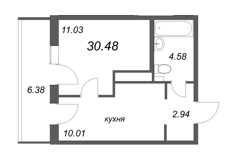 1-комнатная квартира, 30.48 м² - планировка, фото №1