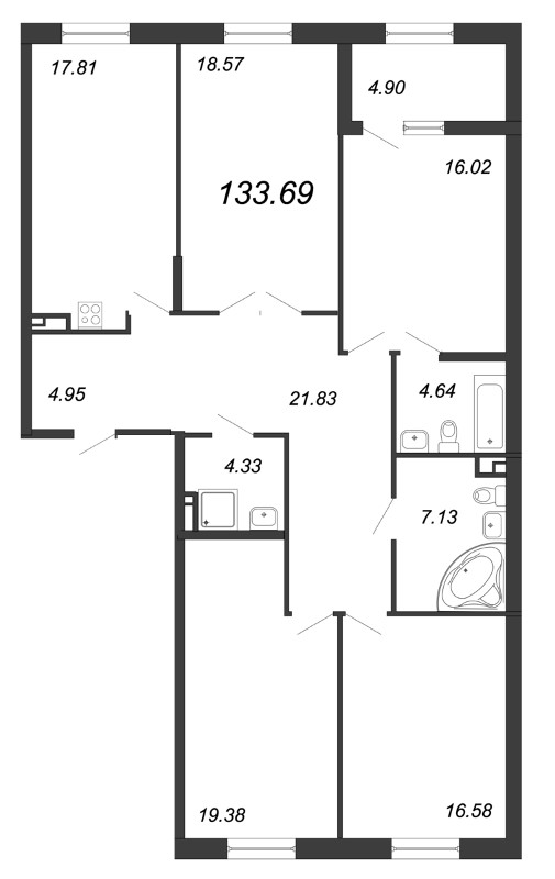 4-комнатная квартира, 135 м² - планировка, фото №1