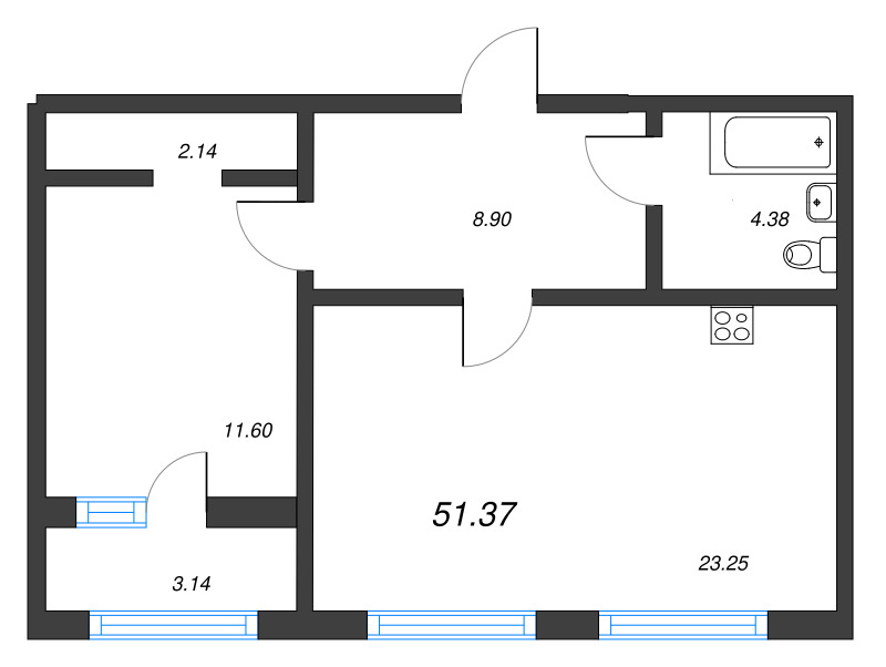 2-комнатная (Евро) квартира, 51.7 м² - планировка, фото №1
