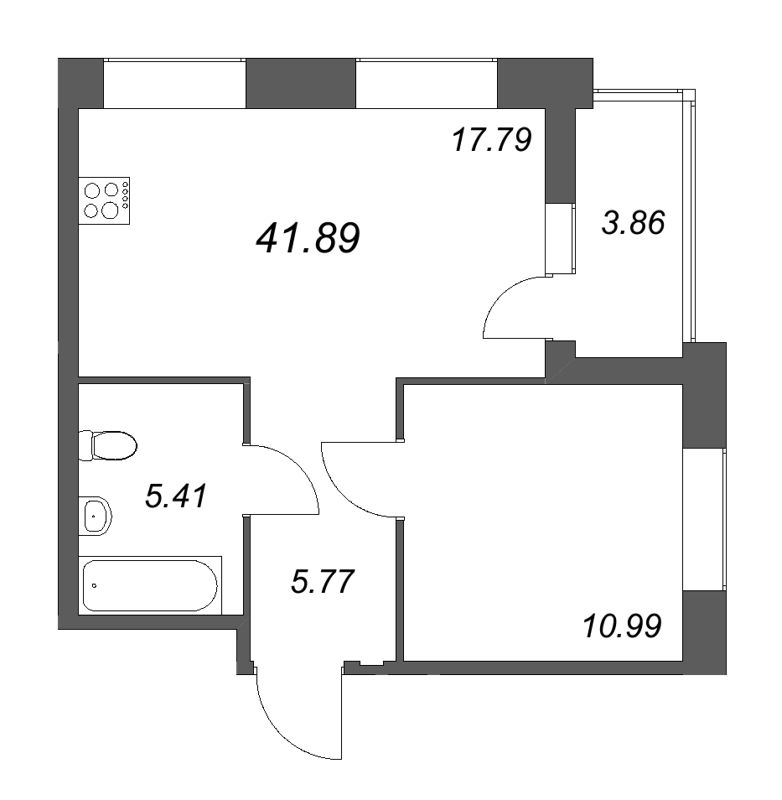 2-комнатная (Евро) квартира, 41.89 м² в ЖК "Ranta Residence" - планировка, фото №1