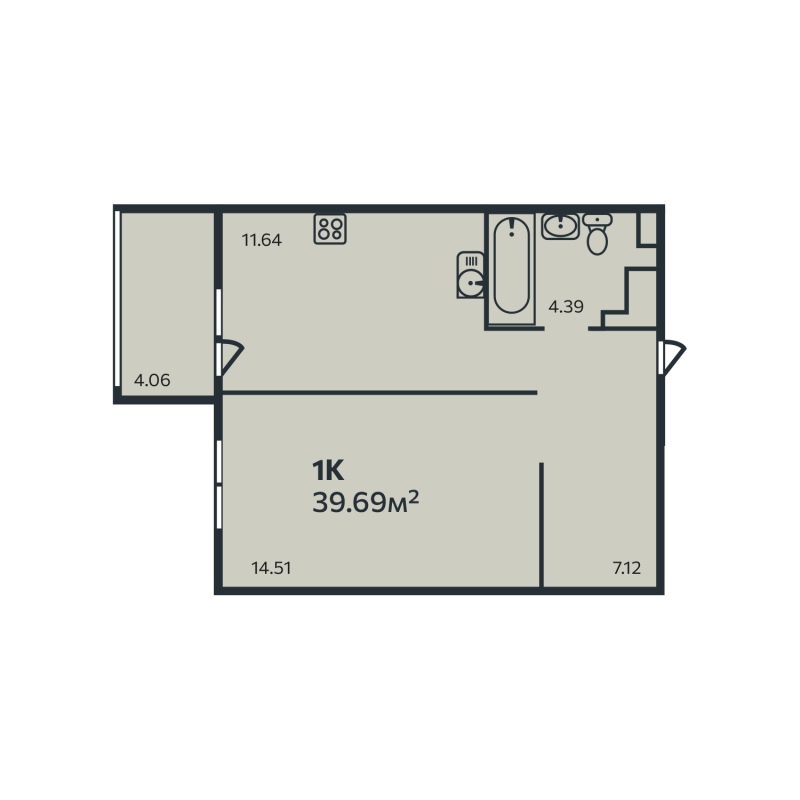 1-комнатная квартира, 39.69 м² - планировка, фото №1