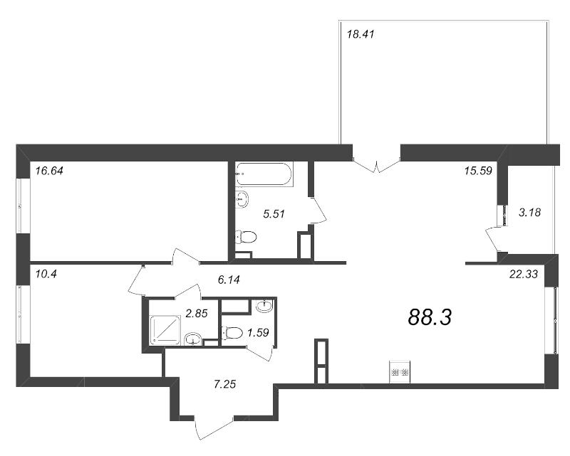 3-комнатная (Евро) квартира, 109.89 м² - планировка, фото №1