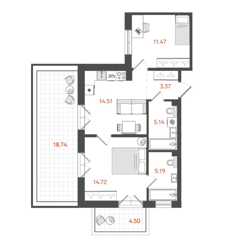2-комнатная квартира, 61.4 м² в ЖК "STAVNI Обводный" - планировка, фото №1