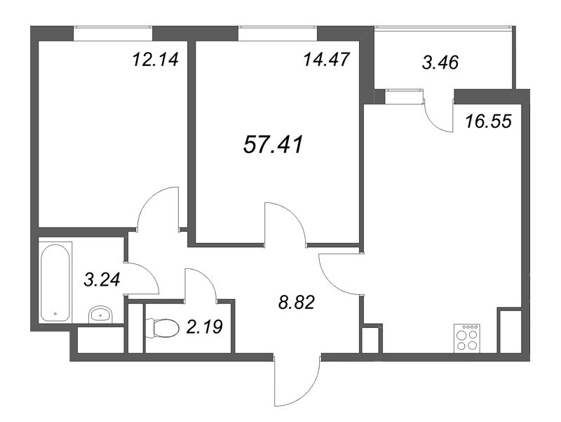 3-комнатная (Евро) квартира, 57.41 м² - планировка, фото №1