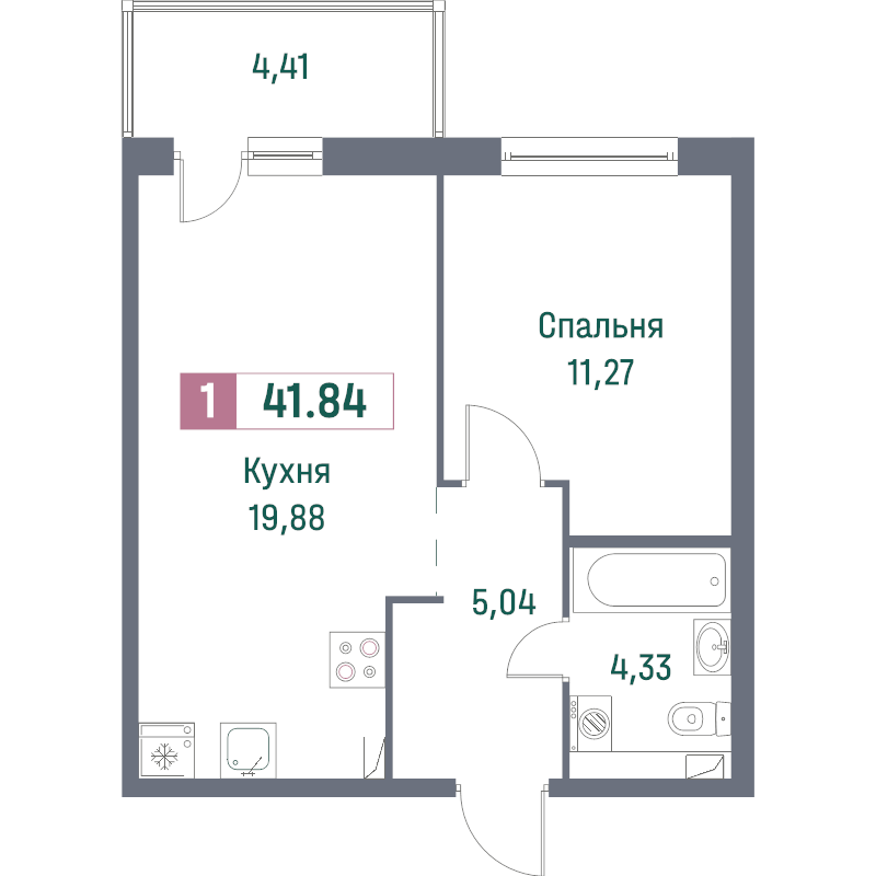2-комнатная (Евро) квартира, 41.84 м² в ЖК "Фотограф" - планировка, фото №1