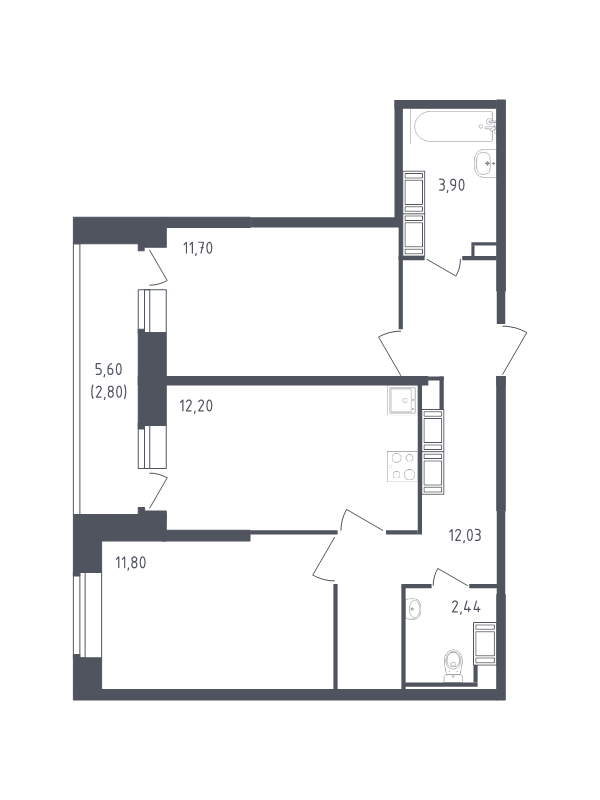 2-комнатная квартира, 56.87 м² - планировка, фото №1
