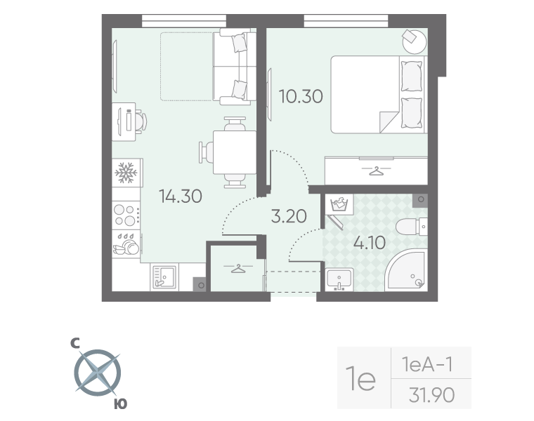 1-комнатная квартира, 31.9 м² в ЖК "Ручьи" - планировка, фото №1