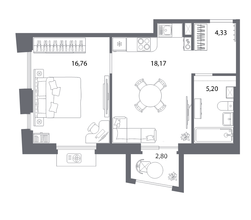 2-комнатная (Евро) квартира, 55.8 м² в ЖК "Респект" - планировка, фото №1
