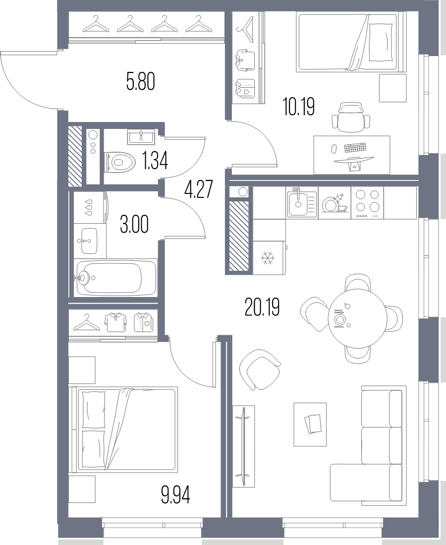 3-комнатная (Евро) квартира, 54.73 м² в ЖК "Legenda Васильевского" - планировка, фото №1
