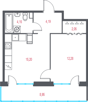 2-комнатная (Евро) квартира, 40.56 м² в ЖК "Город-спутник Южный" - планировка, фото №1