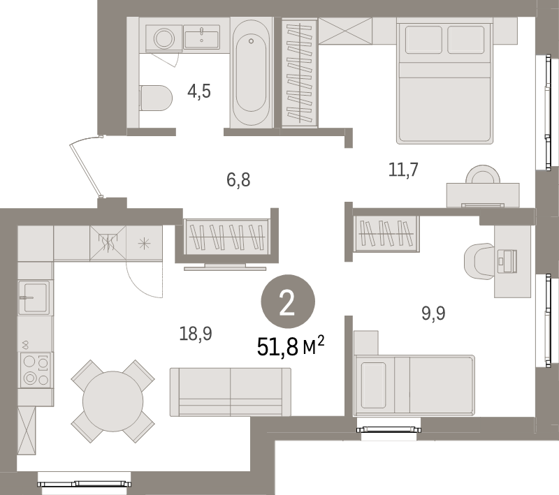 3-комнатная (Евро) квартира, 51.8 м² в ЖК "Брусника в Новоселье" - планировка, фото №1