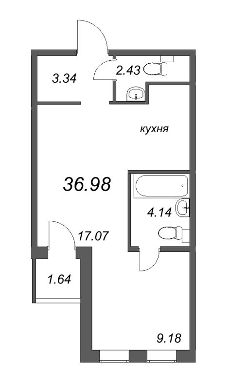 2-комнатная (Евро) квартира, 36.98 м² - планировка, фото №1