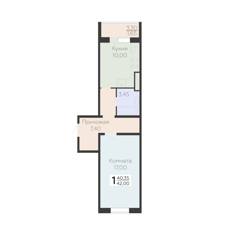 1-комнатная квартира, 42 м² в ЖК "Ленский" - планировка, фото №1
