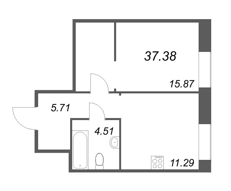 1-комнатная квартира, 37.38 м² - планировка, фото №1
